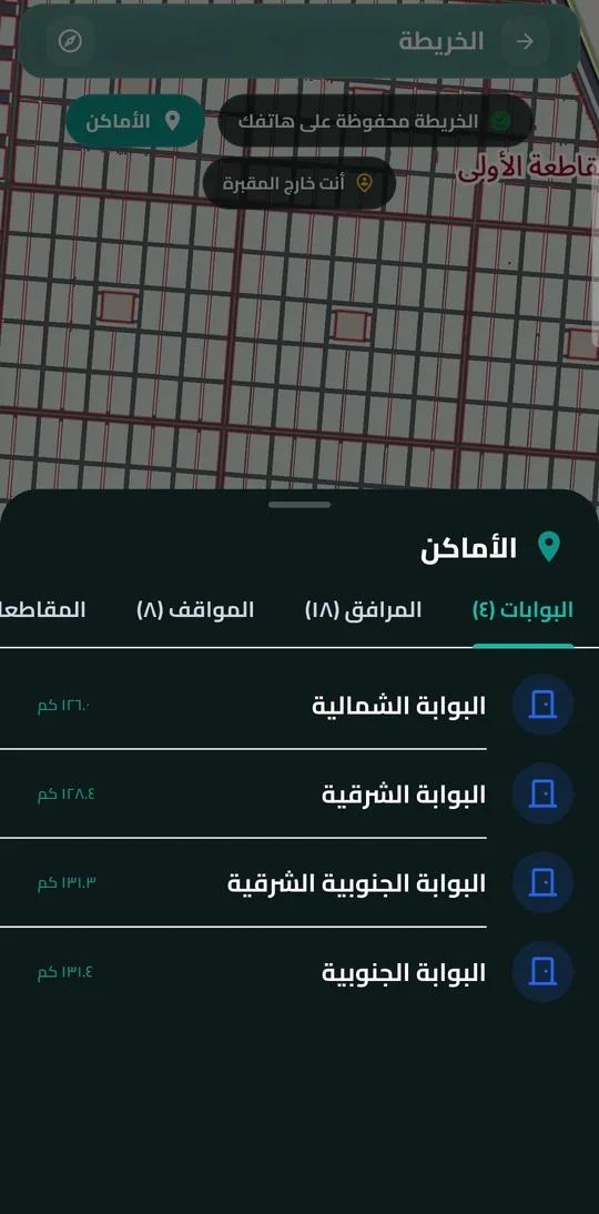 قائمة البوابات والمرافق ومواقف السيارات